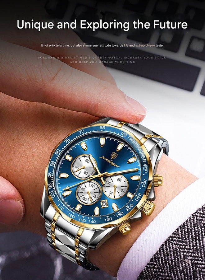 POEDAGAR ​​POEDAGAR Men's Two-Tone Blue Chronograph Quartz Watch - Triple Sub-Dials with Date Display, Two-Tone Stainless Steel Bracelet, 30m Water Resistant for Business & Casual Wear​​  - Image 3