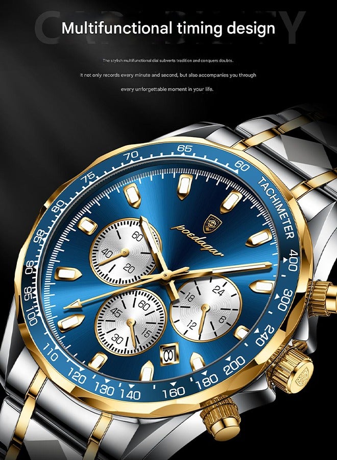 POEDAGAR ​​POEDAGAR Men's Two-Tone Blue Chronograph Quartz Watch - Triple Sub-Dials with Date Display, Two-Tone Stainless Steel Bracelet, 30m Water Resistant for Business & Casual Wear​​  - Image 4