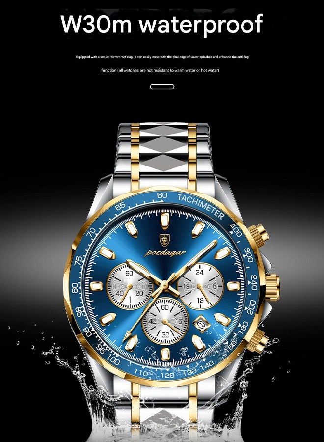 POEDAGAR ​​POEDAGAR Men's Two-Tone Blue Chronograph Quartz Watch - Triple Sub-Dials with Date Display, Two-Tone Stainless Steel Bracelet, 30m Water Resistant for Business & Casual Wear​​  - Image 5