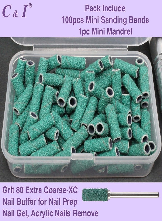 C & I 100pcs Small Sanding Bands & 1pc Slim Mandrel Nail Drill Bit Set Acrylic Gel Remove False Nails Shaping Cuticle Care Nail Prep Efile Nail Supplies for Nail Salon (Green, 80 Extra Coarse-XC) - Image 2