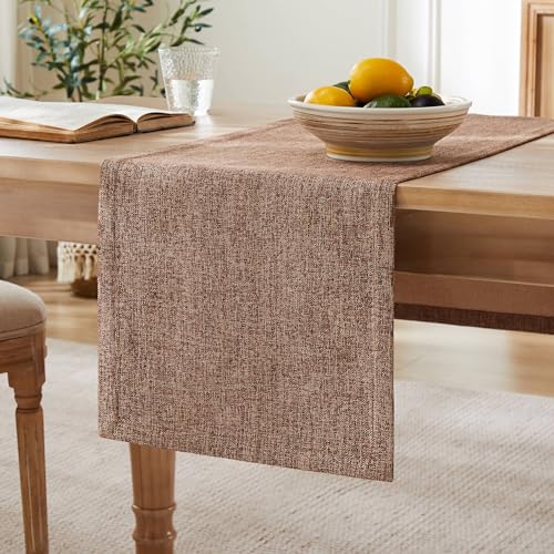 ZeeMart Burlap Style Farmhouse Table Runners 72 Inches Long, Brown Rustic Woven Coffee Table Runner for Everyday Use, 14x72 Inches, Brown - Image 1