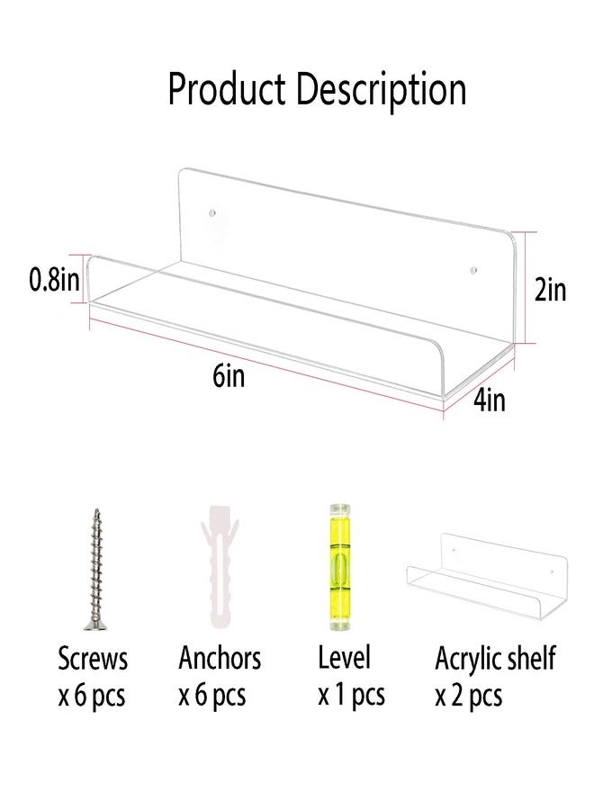 TONICE 2 Pack Acrylic Shelves for Wall 6in Floating Shelf Wall Mounted Set for Room, Bedroom, Bathroom, Kitchen, Living Room, Office Book Shelf Storage Decor - Image 2