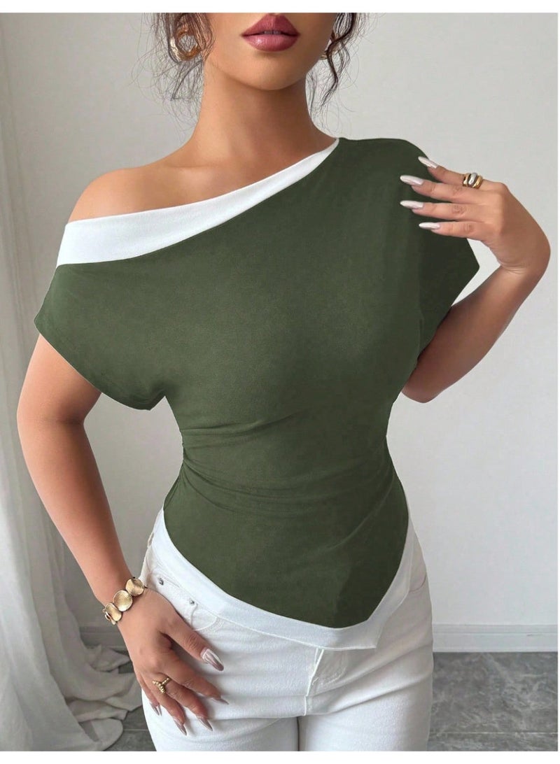 شي إن تي شيرت نسائي 2 في 1 بأكمام قصيرة وحافة غير متماثلة وألوان متباينة - Image 4
