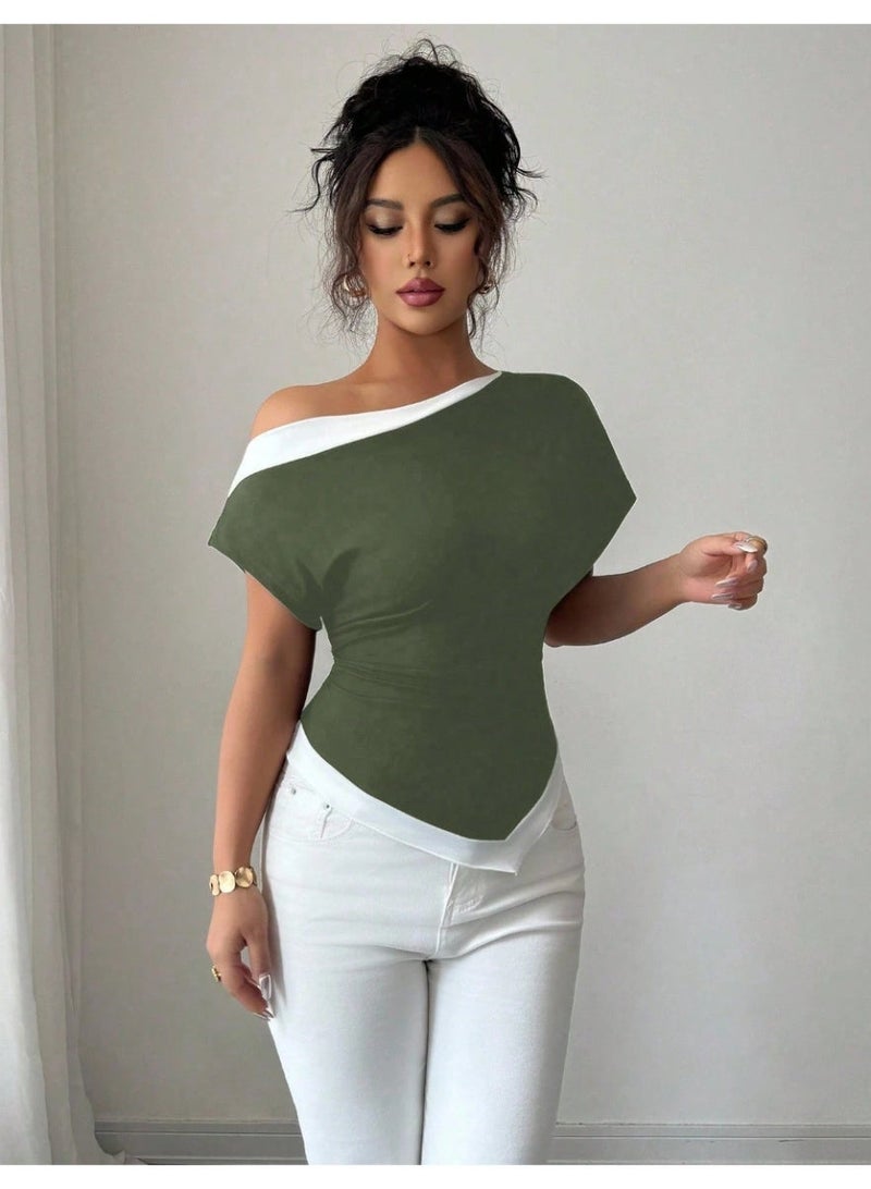 شي إن تي شيرت نسائي 2 في 1 بأكمام قصيرة وحافة غير متماثلة وألوان متباينة - Image 5
