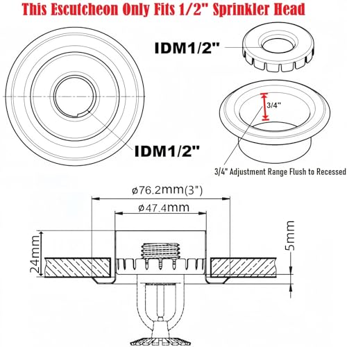 TunaMax (12 Pack) 1/2" IPS Fire Sprinkler Escutcheons 3/4" Adjustment Sprinkler Head Cover Plate Trim Ring White - Image 2