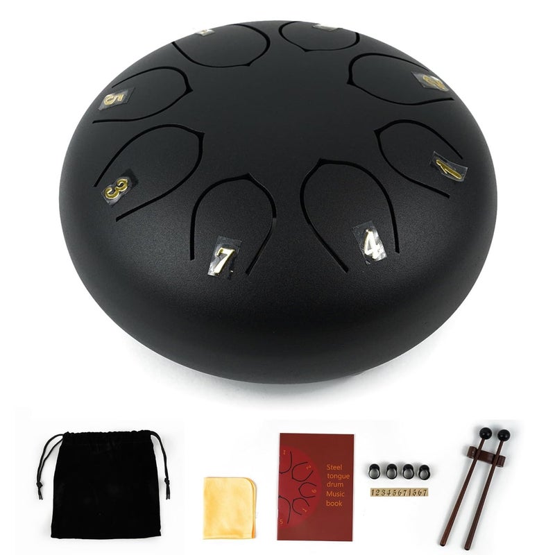Regis 8 Notes 6 Inch Black Alloy Steel Tongue Drum – Handpan Percussion Drum for Kids & Adults, Meditation, Yoga, Music Therapy – Includes Mallets, Finger Picks & Travel Bag – Black - Image 1