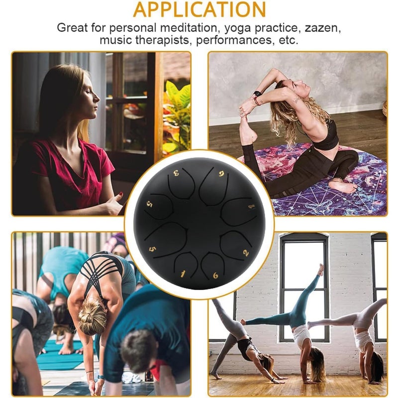 Regis 8 Notes 6 Inch Black Alloy Steel Tongue Drum – Handpan Percussion Drum for Kids & Adults, Meditation, Yoga, Music Therapy – Includes Mallets, Finger Picks & Travel Bag – Black - Image 4