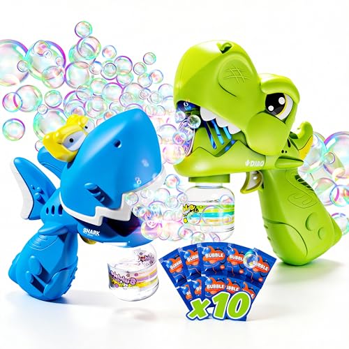 JOI MEW Bubble Gun 2 Pack for Kids Dino Shark Bubble Machine Toys High Output Automatic Bubble Blaster with LED Lights 10 Refills Rechargeable Easter Birthday Outdoor Party Gifts for Ages 38 - Image 1