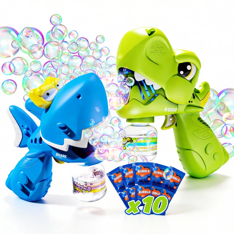 JOI MEW Bubble Gun 2 Pack for Kids Dino Shark Bubble Machine Toys High Output Automatic Bubble Blaster with LED Lights 10 Refills Rechargeable Easter Birthday Outdoor Party Gifts for Ages 38 - Image 3