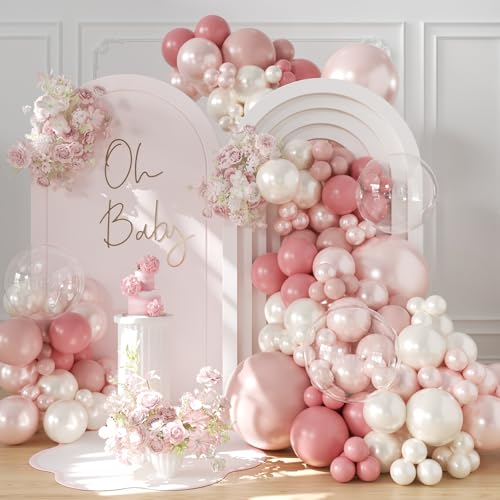 LANGASQUE Dusty Pink Blush Balloon Arch Kit 108Pcs Double Stuffed Pearl pink White Balloons Pink Rose Blush Clear Balloons for Baby Shower Bridal Shower Wedding Birthday Party Decorations - Image 1