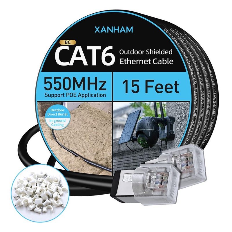 XANHAM Cat6 Shielded Outdoor Ethernet Cable 15 Feet Waterproof and UV Resistant Direct Burial Jacket 23AWG Solid Copper Cat 6 FTP Network Cable, for POE and Internet Cabling Application - Image 1
