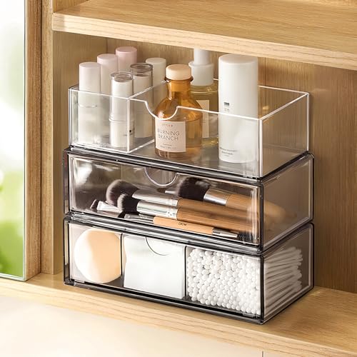 PAVSTINE Medicine Cabinet Organizer 3 Pack, Plastic Stackable Storage with 2 Drawers, Bathroom Mirror Cabinet Organizer with Removable Dividers for Wall Cabinet, Vanity, Countertop, Clear - Image 1