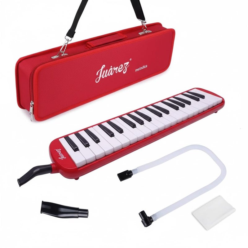 Juarez 37 Key Melodica JMLD37RD Musical Instrument Soprano Air Piano Keyboard Pianica with Carrying Bag, 1 Soft Long Tube, 1 Mouthpiece, Wipe Cloth, Red - Image 1