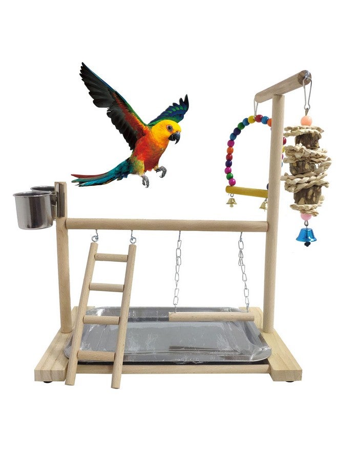 هامليدي هاميليدي، ملعب طيور، حامل لعب، مجثم ببغاء خشبي طبيعي، حظيرة لعب، سلالم ببغاء أليف مع أكواب تغذية للكوكاتو، كونور، قفص كوكاتيل، ملحقات، لعبة تمرين (تتضمن صينية) - Image 1