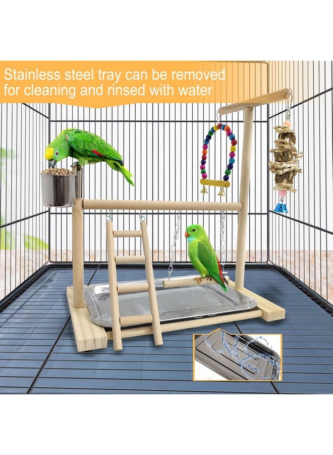 هامليدي هاميليدي، ملعب طيور، حامل لعب، مجثم ببغاء خشبي طبيعي، حظيرة لعب، سلالم ببغاء أليف مع أكواب تغذية للكوكاتو، كونور، قفص كوكاتيل، ملحقات، لعبة تمرين (تتضمن صينية) - Image 5