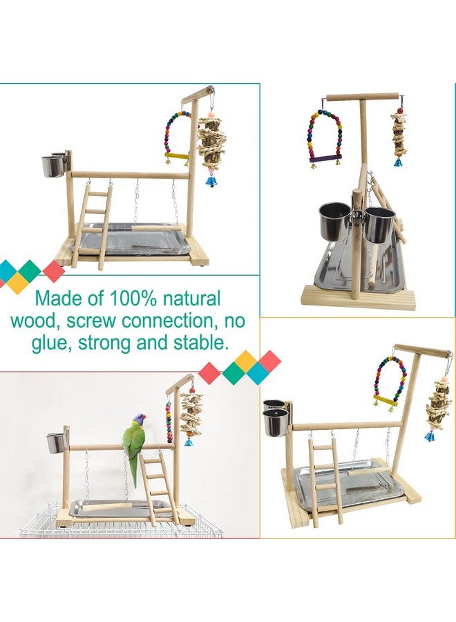 هامليدي هاميليدي، ملعب طيور، حامل لعب، مجثم ببغاء خشبي طبيعي، حظيرة لعب، سلالم ببغاء أليف مع أكواب تغذية للكوكاتو، كونور، قفص كوكاتيل، ملحقات، لعبة تمرين (تتضمن صينية) - Image 3