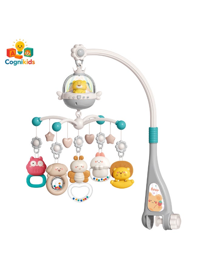 COGNIKIDS موبايل سرير الأطفال بالتحكم عن بُعد مع موسيقى، ضوء وعرض | جرس سرير مهدئ مع أصوات الطبيعة، موسيقى جنينية ومؤقت | موبايل حضانة لمساعدة نوم حديثي الولادة رمادي - Image 2