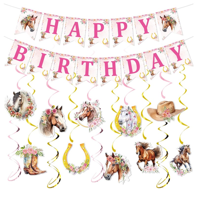 Rngmsi Horse Birthday Party Decorations Horse Happy Birthday Banners Hanging Swirls Party Decor for Girls Cowgirl Western Bday Decor Supplies Women - Image 2