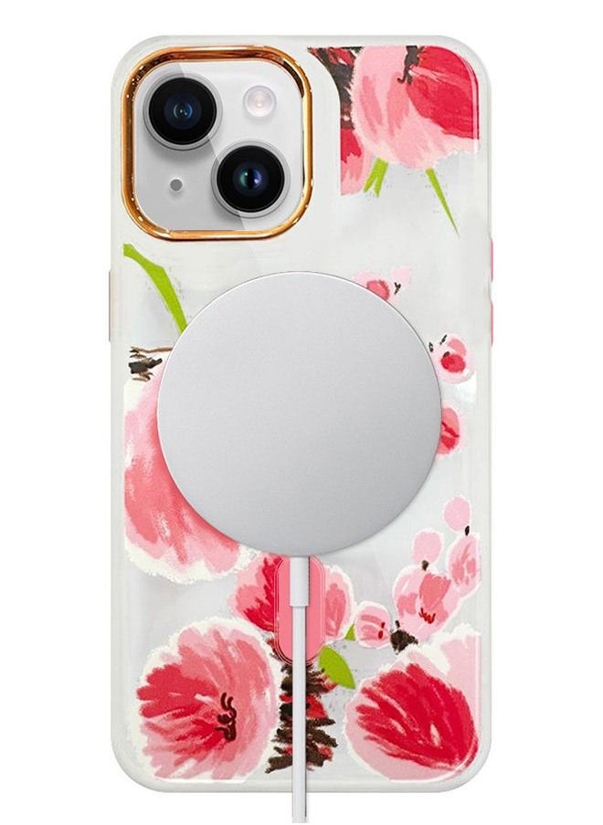 JOWAY - Case for Apple iPhone 14 PLUS Romantique Floral Design Fashion Flower Compatible with MagSafe & Wireless Charging Cover PINK - Image 1