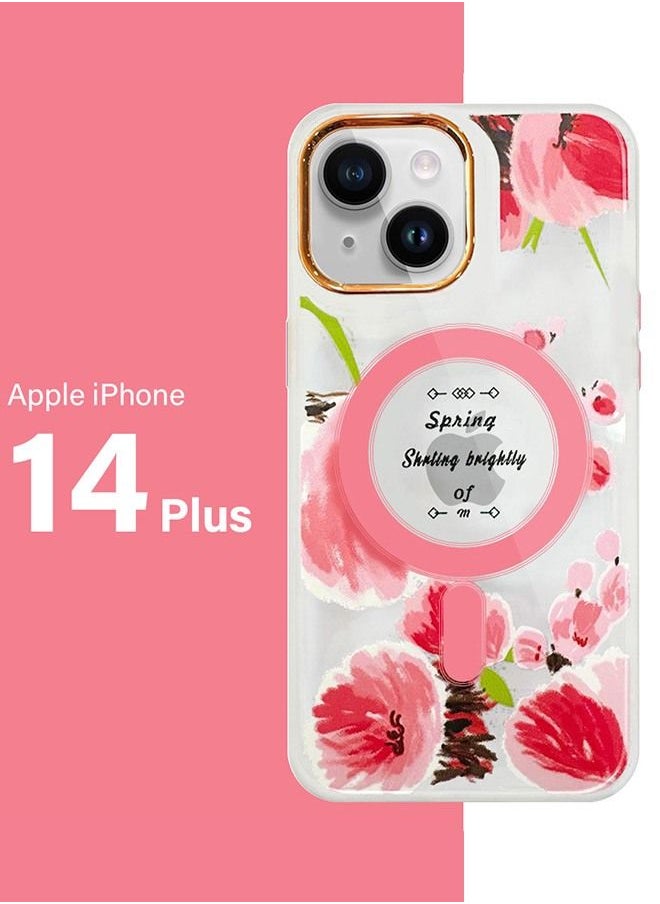 JOWAY - Case for Apple iPhone 14 PLUS Romantique Floral Design Fashion Flower Compatible with MagSafe & Wireless Charging Cover PINK - Image 1