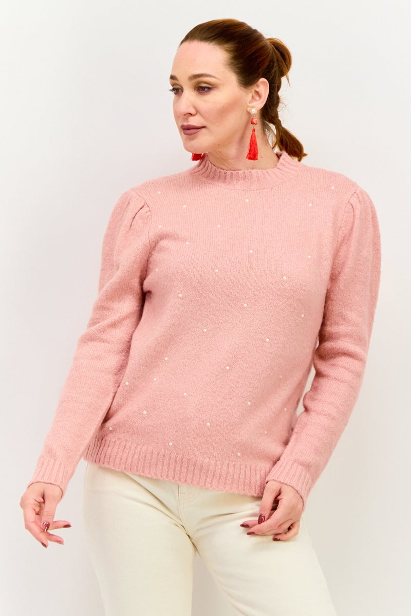 Women Crew Neck Textured Sweater, Pink