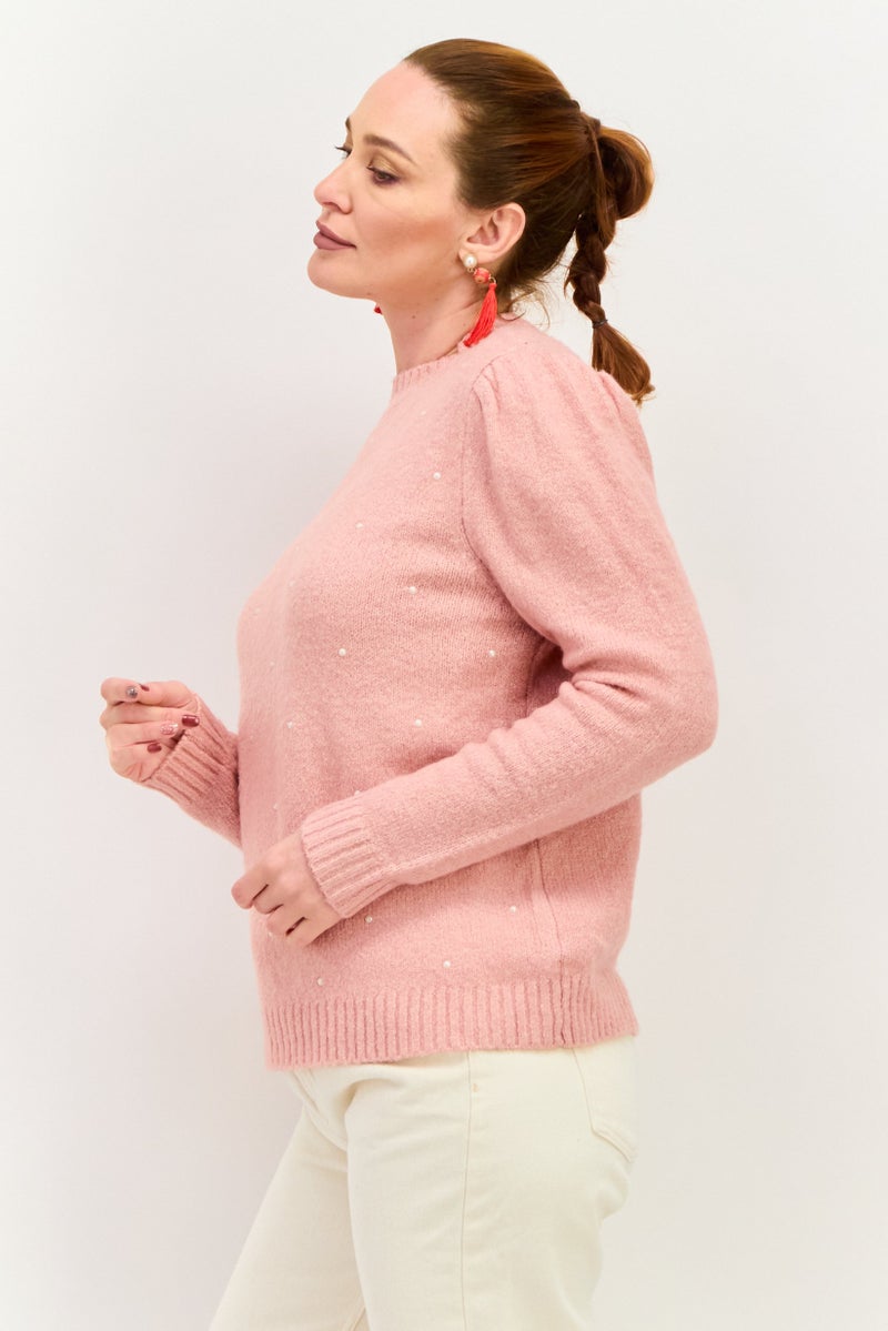 Women Crew Neck Textured Sweater, Pink