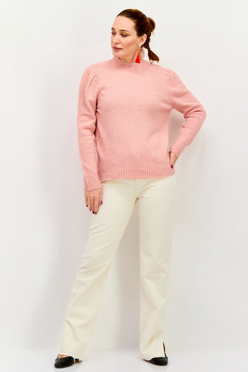 Women Crew Neck Textured Sweater, Pink