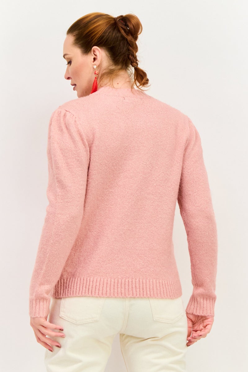 Women Crew Neck Textured Sweater, Pink