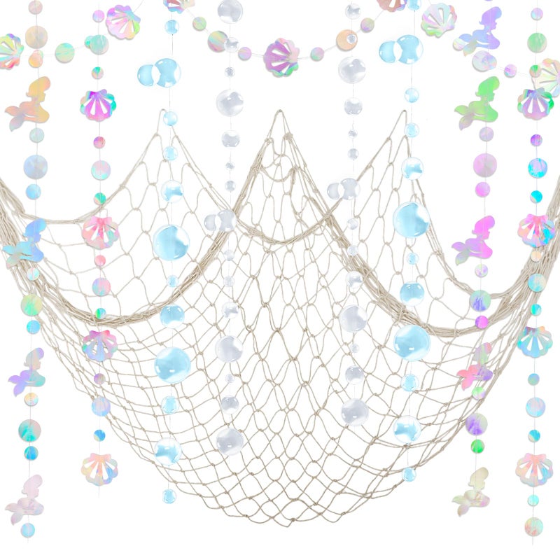 ZERODECO Mermaid Party Decorations - Iridescent Garland, Natural Fishnet and Bubble Garlands for Birthday, Pirate, Nautical, Under The Sea Theme - Image 1