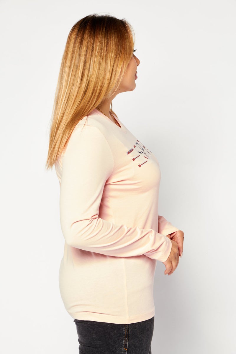 ESPRIT Women Round Neck Long Sleeves Brand Logo Top, Peach Combo - Image 4