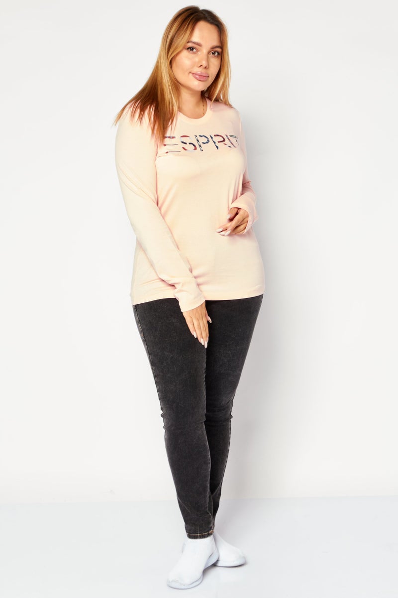 ESPRIT Women Round Neck Long Sleeves Brand Logo Top, Peach Combo - Image 3