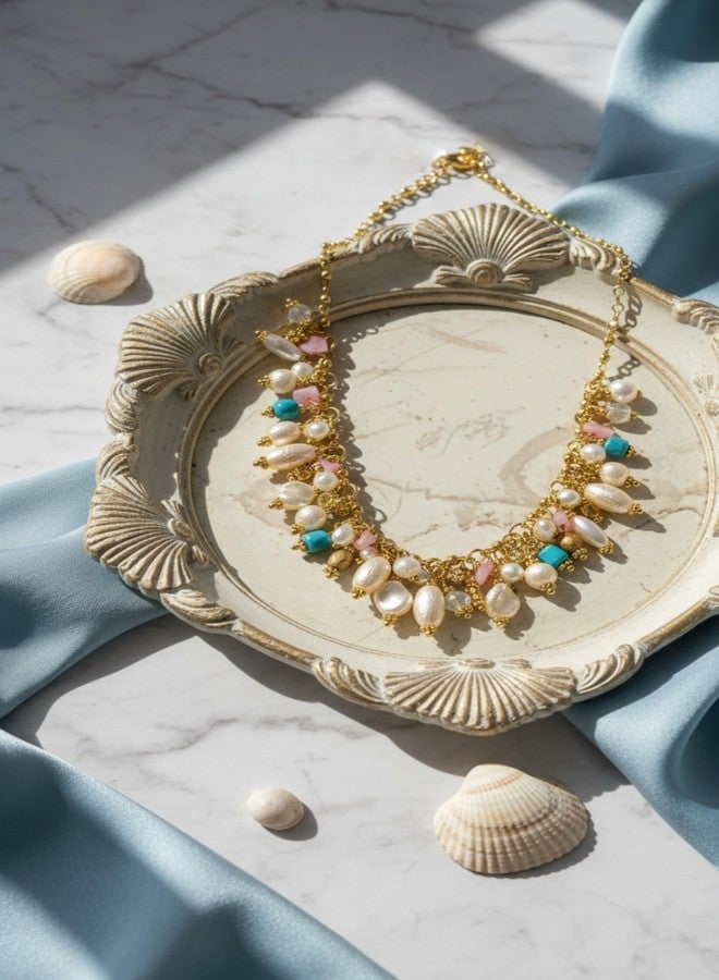 دي سي أيه قلادة DCA متعددة الخرز مطلية بالذهب، مرصعة باللؤلؤ والزجاج والخرز الفيروزي الوردي، بتصميم عرقي تقليدي، مناسبة للساري والكرتي، بتصميم هندي غربي للنساء والفتيات - Image 4