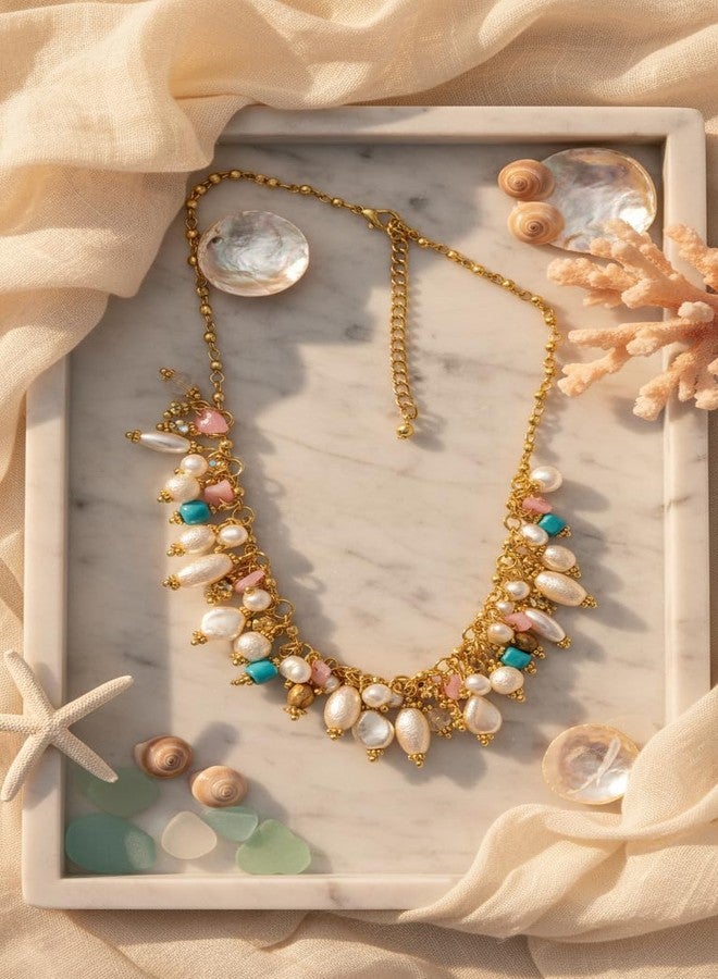 دي سي أيه قلادة DCA متعددة الخرز مطلية بالذهب، مرصعة باللؤلؤ والزجاج والخرز الفيروزي الوردي، بتصميم عرقي تقليدي، مناسبة للساري والكرتي، بتصميم هندي غربي للنساء والفتيات - Image 3