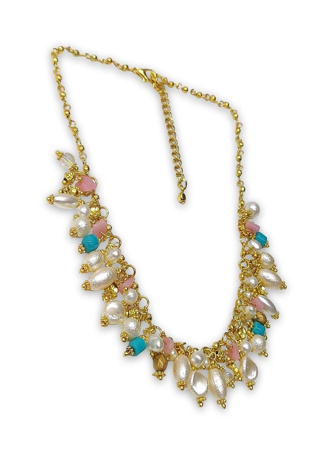 دي سي أيه قلادة DCA متعددة الخرز مطلية بالذهب، مرصعة باللؤلؤ والزجاج والخرز الفيروزي الوردي، بتصميم عرقي تقليدي، مناسبة للساري والكرتي، بتصميم هندي غربي للنساء والفتيات - Image 1