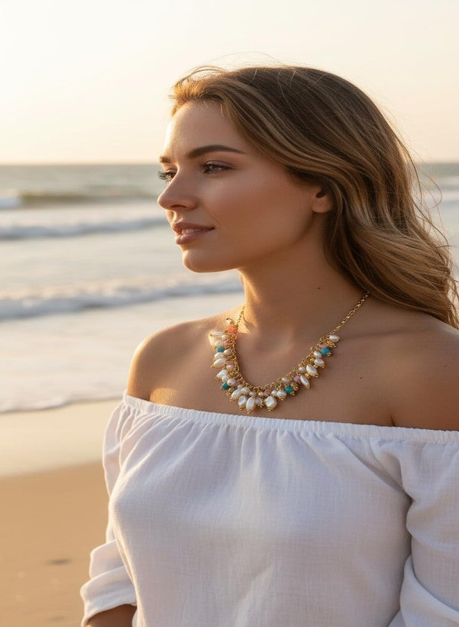 دي سي أيه قلادة DCA متعددة الخرز مطلية بالذهب، مرصعة باللؤلؤ والزجاج والخرز الفيروزي الوردي، بتصميم عرقي تقليدي، مناسبة للساري والكرتي، بتصميم هندي غربي للنساء والفتيات - Image 5