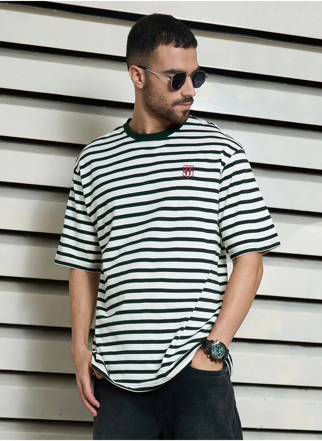هاي ستار Striped Relaxed Fit Round Neck T-Shirt by Styli