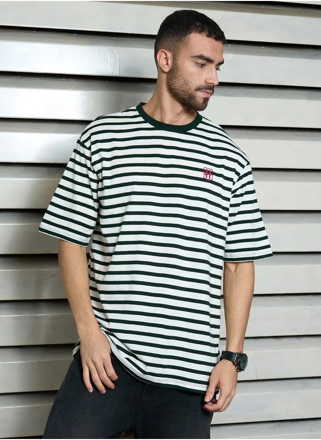 هاي ستار Striped Relaxed Fit Round Neck T-Shirt by Styli
