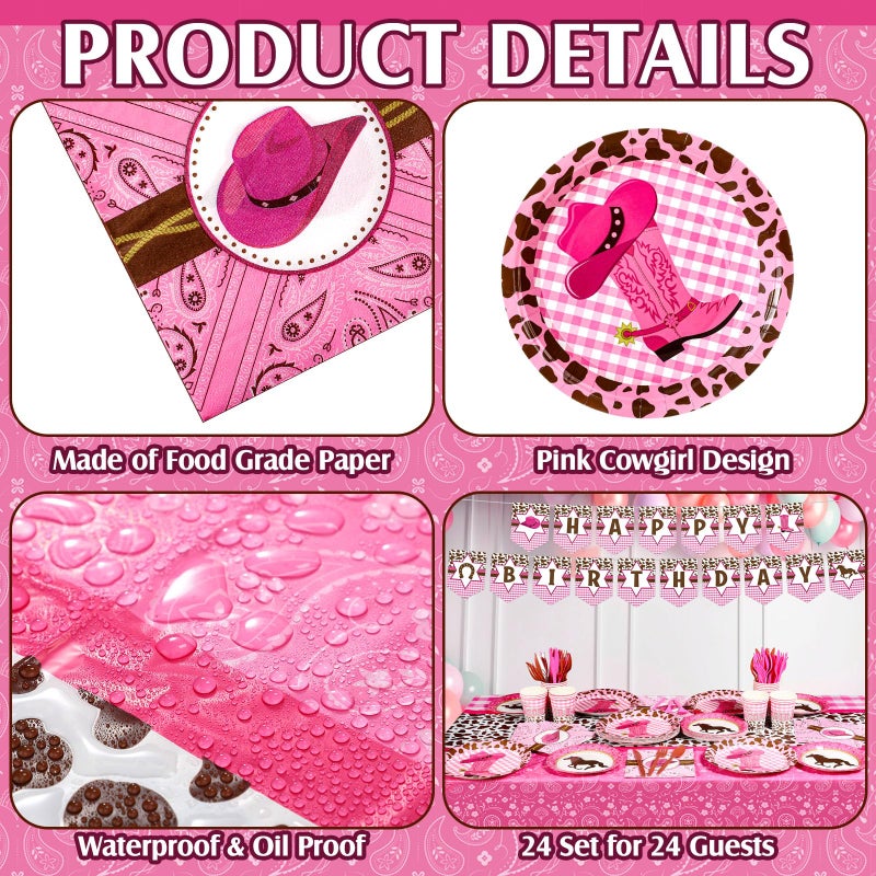 Gejoy 171 Pcs Western Cowgirl Birthday Party Tableware Supplies for 24 Guests Cowgirl Plates Napkins Birthday Banners Tablecloths Cups Knives Forks and Spoons for Party Decoration - Image 5