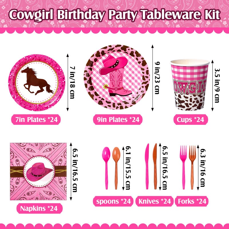 Gejoy 171 Pcs Western Cowgirl Birthday Party Tableware Supplies for 24 Guests Cowgirl Plates Napkins Birthday Banners Tablecloths Cups Knives Forks and Spoons for Party Decoration - Image 3