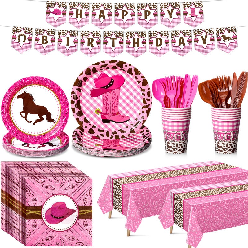 Gejoy 171 Pcs Western Cowgirl Birthday Party Tableware Supplies for 24 Guests Cowgirl Plates Napkins Birthday Banners Tablecloths Cups Knives Forks and Spoons for Party Decoration - Image 1