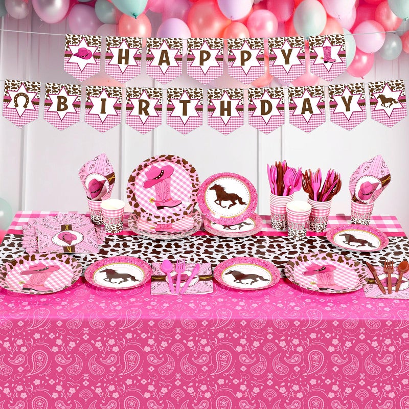 Gejoy 171 Pcs Western Cowgirl Birthday Party Tableware Supplies for 24 Guests Cowgirl Plates Napkins Birthday Banners Tablecloths Cups Knives Forks and Spoons for Party Decoration - Image 2