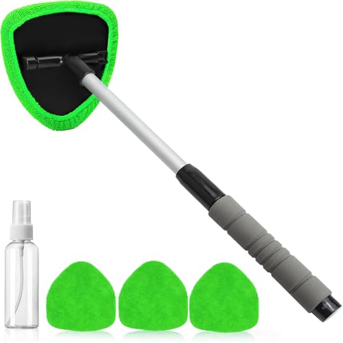 desin Windshield Cleaning Tool, Car Window Cleaner Windshield Cleaner with 4 Reusable and Washable Microfiber Pads and Extendable Handle Auto Inside Glass Wiper Kit (Green) - Image 1