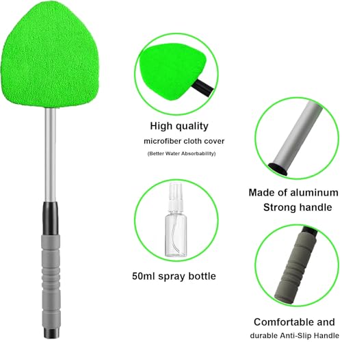 desin Windshield Cleaning Tool, Car Window Cleaner Windshield Cleaner with 4 Reusable and Washable Microfiber Pads and Extendable Handle Auto Inside Glass Wiper Kit (Green) - Image 3