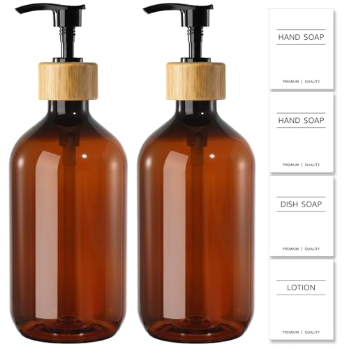 KASUNTING Amber Soap Dispenser Plastic Brown Dish Soap Dispenser with Bamboo Pump for Kitchen17 Fl Oz Hand and Dish Dispenser Set for Bathroom Farmhouse Liquid Soap and Lotion Dispensers Bottle - Image 1