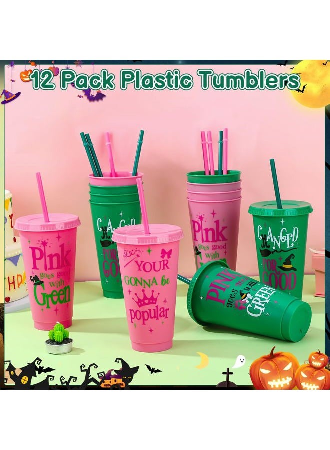 Ovveroche 12 Pcs Pink Green Plastic Cups with Lids and Straws 24 oz Reusable Tumbler for Witch Princess Enchanted Theme Parties Birthdays Bachelor Party Decoration - Image 4