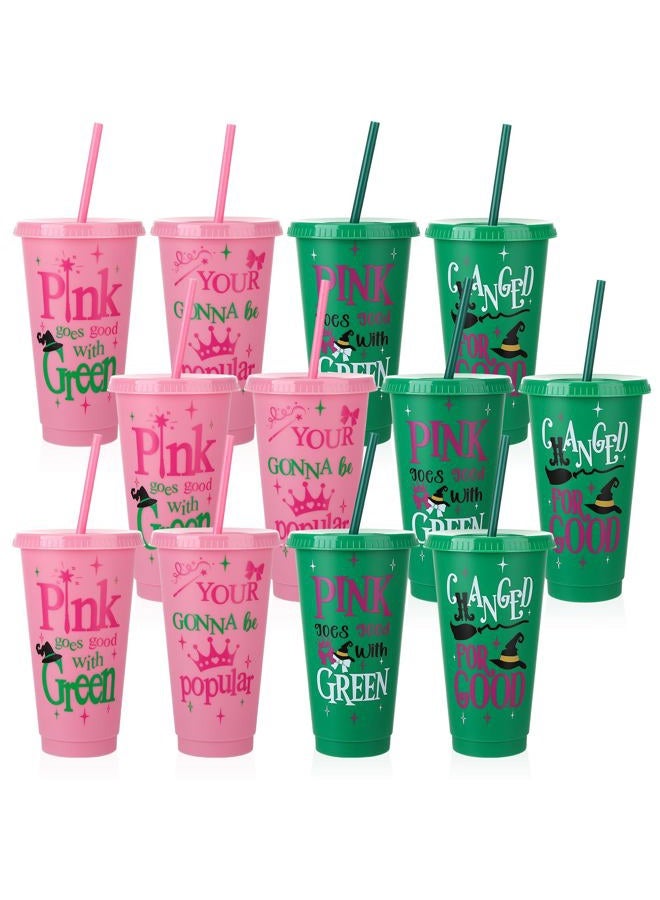 Ovveroche 12 Pcs Pink Green Plastic Cups with Lids and Straws 24 oz Reusable Tumbler for Witch Princess Enchanted Theme Parties Birthdays Bachelor Party Decoration - Image 1