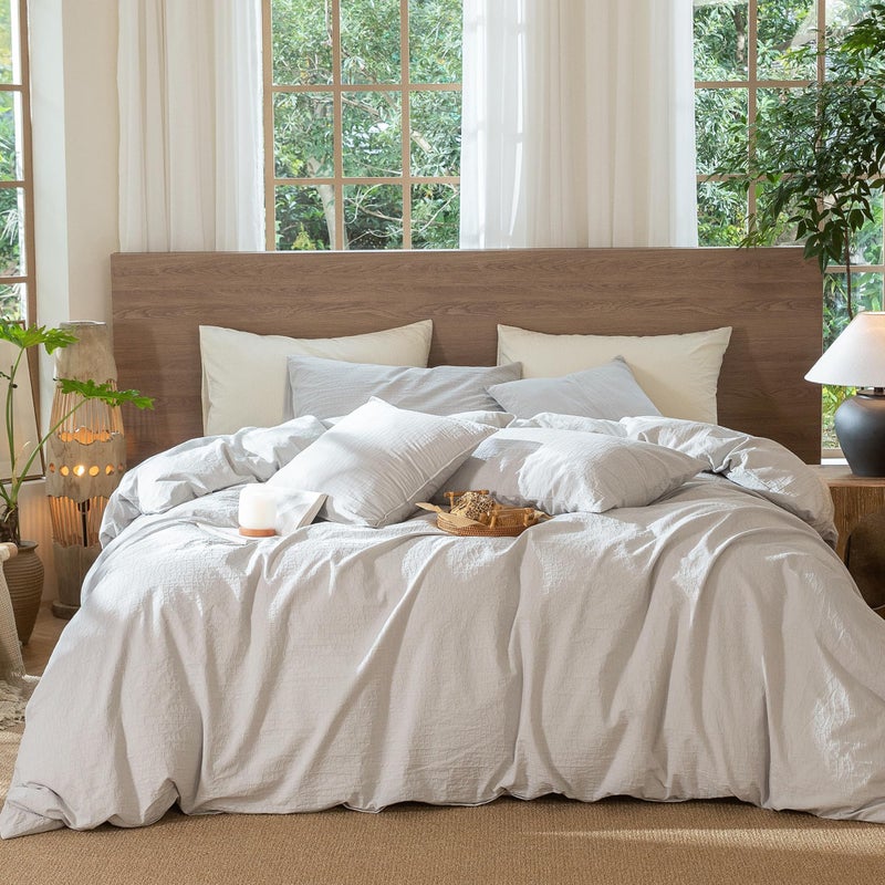 MooMee Wavy Striped Duvet Cover Set 100 Washed Cotton Linen Like Textured Breathable Durable Soft Comfy Light Grey Queen 90x90