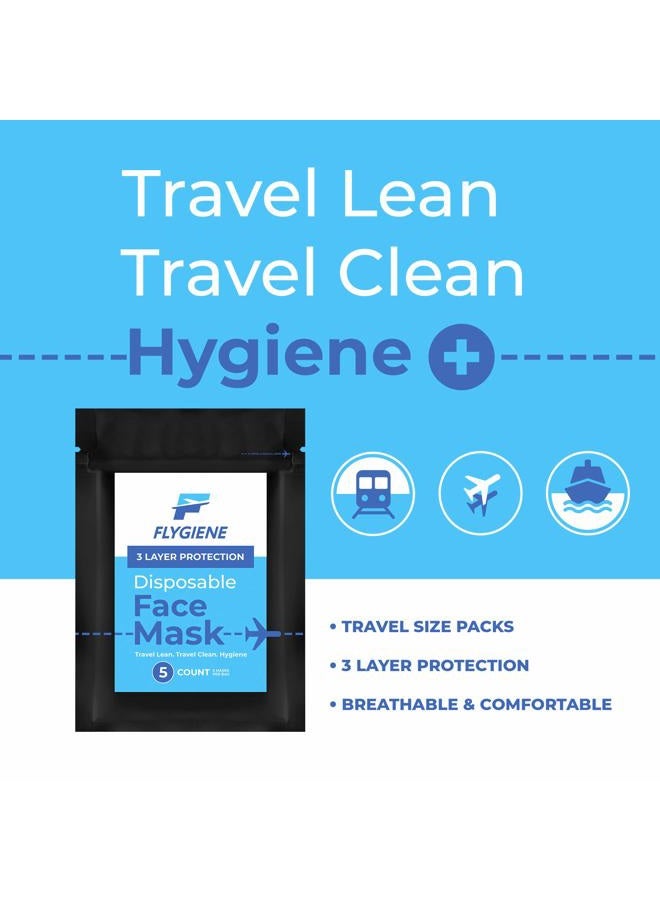 FLYGIENE Travel Size Face Mask | 25 Count | Breathable Travel Face Mask 3 Ply Black Disposable Face Mask for Adults | TSA Approved Air Travel Mask for Airplane Travel | Black | 25 Count (5 Packs of 5) - Image 2