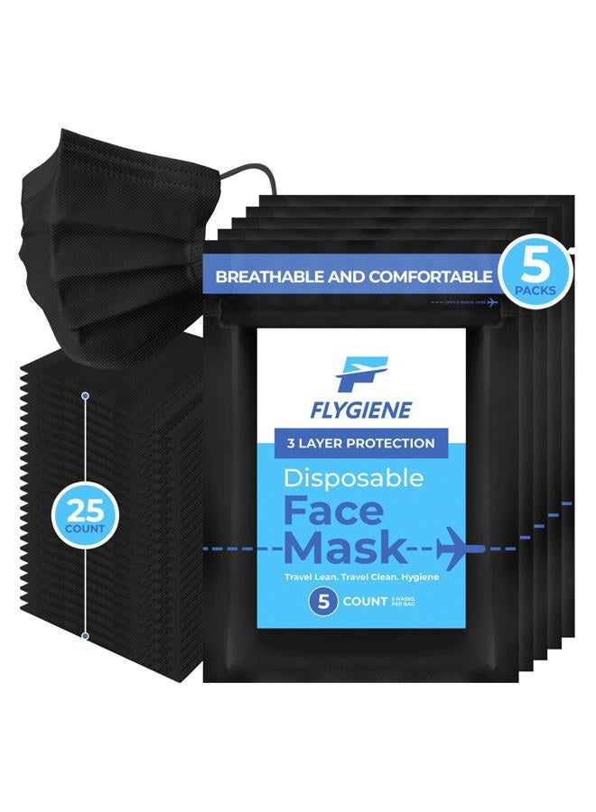 FLYGIENE Travel Size Face Mask | 25 Count | Breathable Travel Face Mask 3 Ply Black Disposable Face Mask for Adults | TSA Approved Air Travel Mask for Airplane Travel | Black | 25 Count (5 Packs of 5) - Image 1