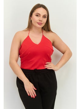 MANGO Women Halter Neck Sleeveless Plain Crop Top, Red  - Image 1